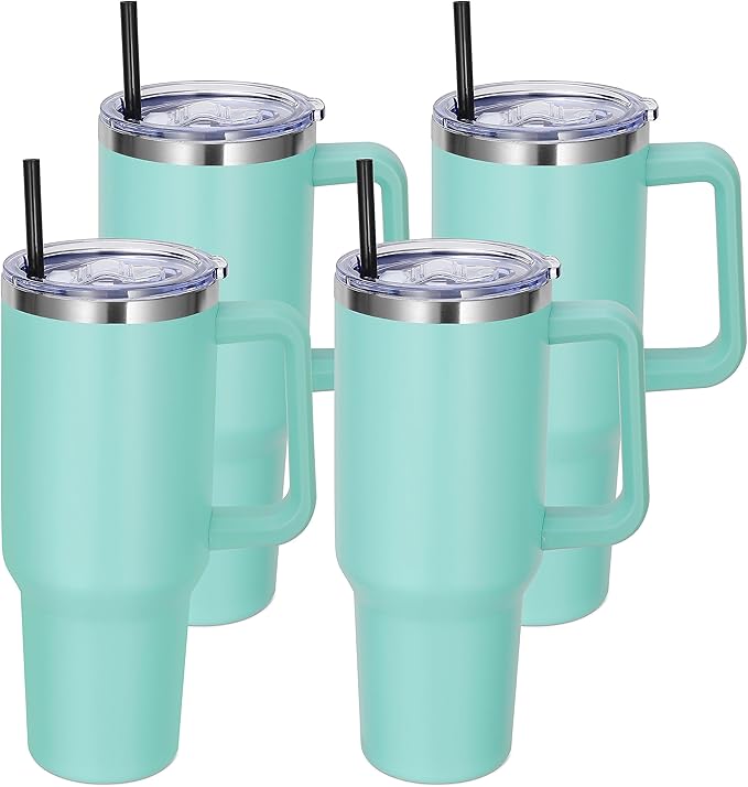 DOMICARE 40 oz Tumbler with Handle and Straw, Stainless Steel Tumbler with Lid and Straw, Reusable Vacuum Insulated Cup, Travel Coffee Mug, Mint Green, 4Pack - Bloomnest