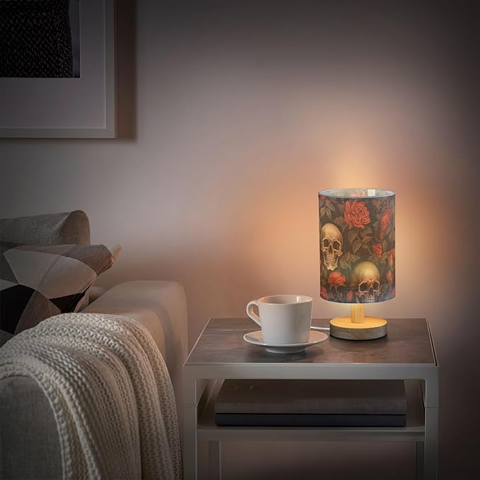 Bedside Lamp Skull Gothic Red Rose Flower Table Lamp with USB Port Wood Base for Living - Bloomnest