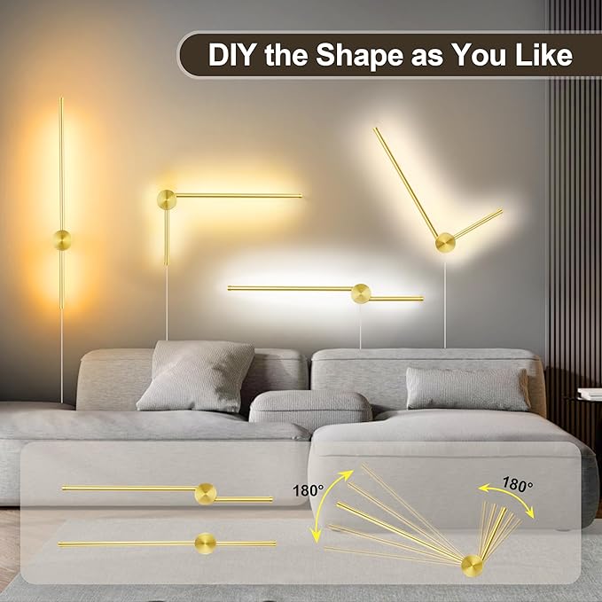 Wall Sconces Set of Two with Remote, Stepless Colors 3000K-6500K & Stepless Dimming, Hardwire or Plug-in, 180° Rotate, LED Gold Plug in Wall Sconces with Timer & Night Light, 39.4 Inches - Bloomnest