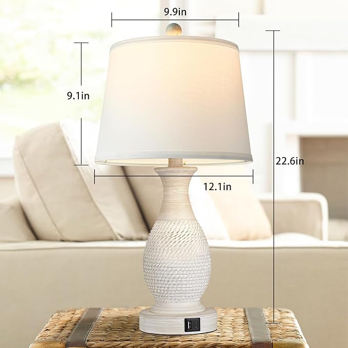 PARTPHONER Table Lamps Set of 2, Bedside Touch Lamp with USB C+A Charging Ports, Side Table Lamp with White Fabric Shade (LED Bulbs Included) - Bloomnest