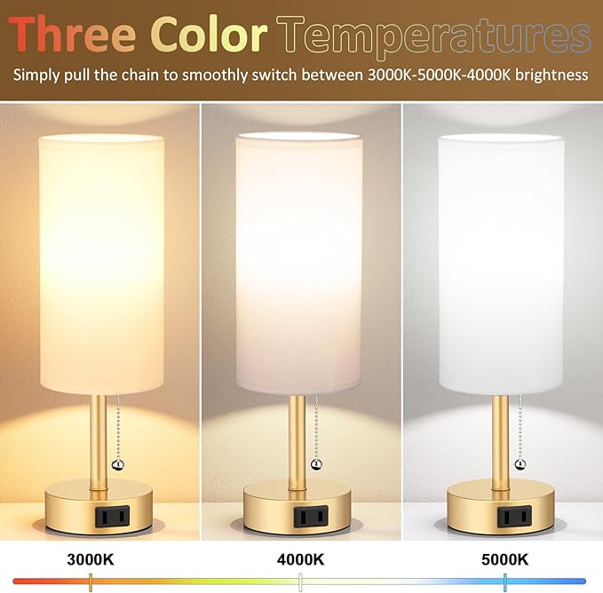 Fenmzee Gold Bedside Table Lamps Set of 2-3 Color Temperatures Pull Chain Lamp with AC Outlet Charging Port, Two Round Night Stand Lamps for Bedroom Office Living Room - Bloomnest