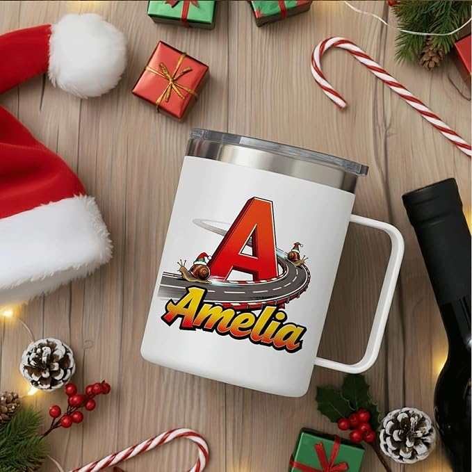 JugJug Personalized Christmas Mug with Initial & Name - Funny Racing Snails 12oz Insulated Coffee Cup w/Lid - Xmas Gifts for Kids, Boys, Racers (B178) - Bloomnest