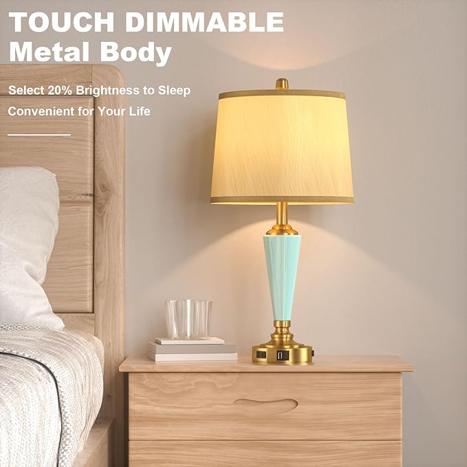 24" Ceramic Table Lamp with 3 Way Dimmable Touch Lamps - 2 USB Ports & AC Outlet Bedside Lamps, Modern Nightstand Lamp for Bedroom Living Room Office (Bulb Included) (Sky Blue-2 Pack) - Bloomnest