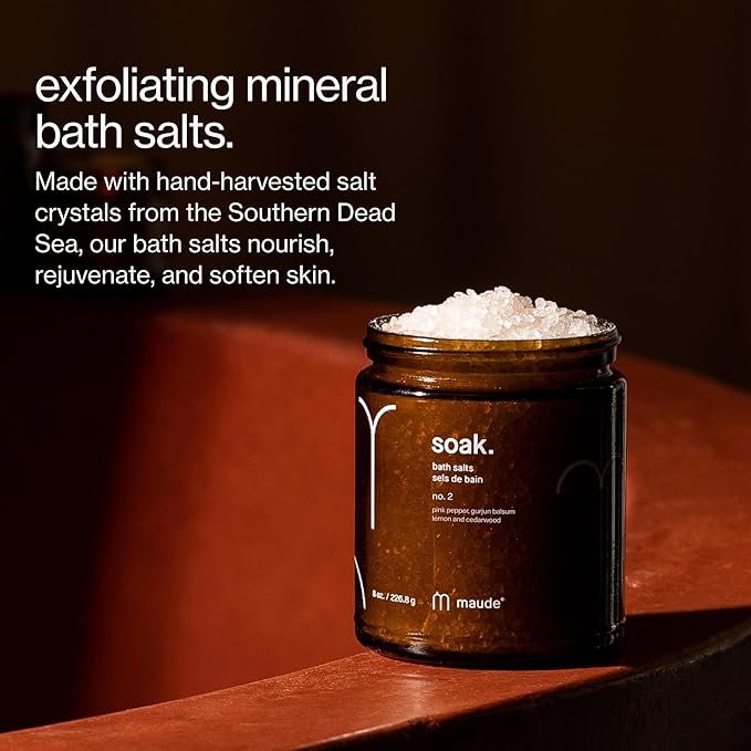 Maude Soak No. 2 - Nourishing Mineral Bath Salts - Hand-Harvested Dead Sea Salt with Magnesium & Potassium Chloride - Soften & Rejuvenate Skin - Notes of Pink Pepper & Lemon (8 oz) - Bloomnest