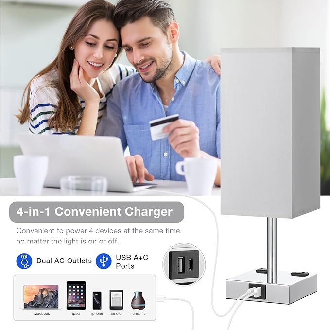 【Upgraded】Bedside Table Lamp Touch Control, with USB C+A Charging Ports & Dual AC Outlets, 3-Way Nightstand Lamp for Bedroom with LampShade Living Room Office(LED Dimmable Bulb Included) - Bloomnest