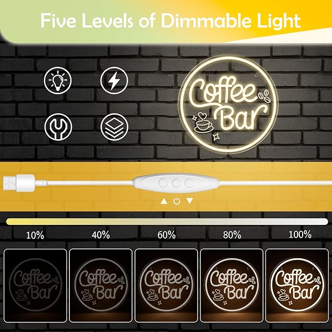 Coffee Bar Neon Sign for Wall Decor Dimmable LED Neon coffee Light Up Sign for Coffee Station, Cafe Shop, Restaurants, Kitchen Party Decoration Gifts(12.99 * 12.99inches) - Bloomnest