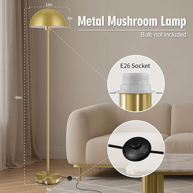 Industrial Floor Lamp, Brass Gold Floor Lamp for Living Room, 66Inch Tall Modern Standing Lamp, Stand Up Lamp with Metal Dome Shade, Mid Century Corner Reading Lamp for Bedroom Office Nursery, NO BULB - Bloomnest