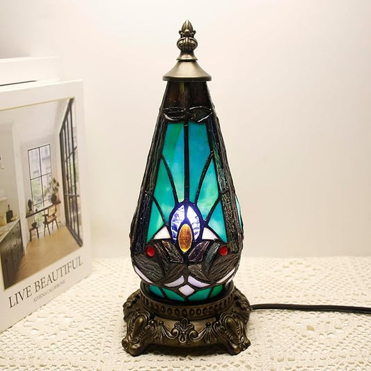 Small Tiffany Lamp Stained Glass Table Lamp 5.5X11 Inch Christmas Tree Lighthouse Mini Accent Memory Sympathy Antique Night Light for Bedroom Living Room (Green Liaison)