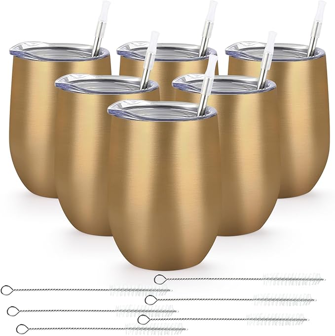 Lifecapido 6 Pack Stainless Steel Wine Tumblers, 12Oz Insulated Wine Tumbler, Double Wall Insulated Wine Glass, Stainless Steel Stemless Wine Cups with Lids for Coffee, Wine, Water, Champaign, Gold - Bloomnest
