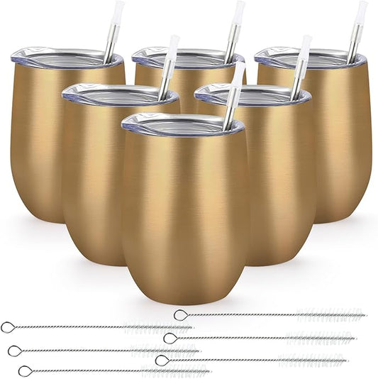 Lifecapido 6 Pack Stainless Steel Wine Tumblers, 12Oz Insulated Wine Tumbler, Double Wall Insulated Wine Glass, Stainless Steel Stemless Wine Cups with Lids for Coffee, Wine, Water, Champaign, Gold - Bloomnest