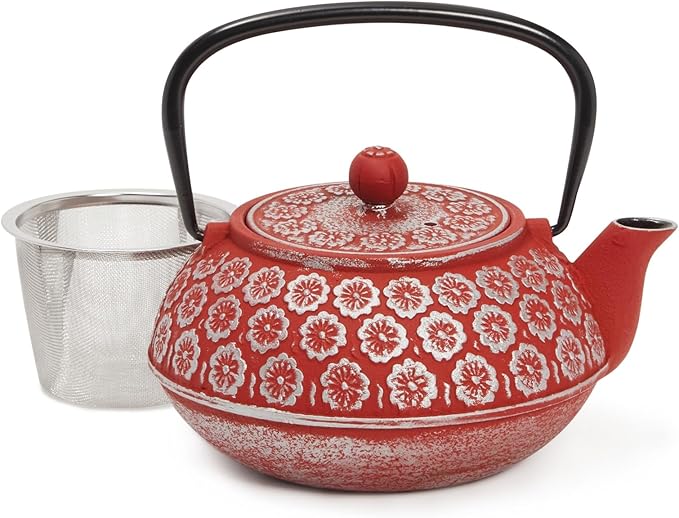 Juvale Red Floral Cast Iron Teapot Kettle - Superior Heat Retention & Stovetop Tea Kettle - Built-In Infuser & Loose Leaf Tea Pot - Red, 34 oz