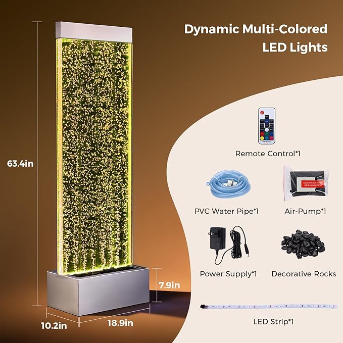 Bubble Wall Waterfall Fountain, Acrylic Indoor Floor Standing Water Wall with Changing LED Color Lights Remote Control, 64" x 19", Housewarming, Christmas Home Decor (Bubble Wall) - Bloomnest