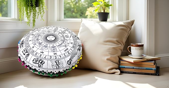 CRAFT KALA 22" Bohemian Floor Pillow Pouf Cover Mandala Boho Large Round Meditation Room Pillow Covers for Adults Seating Poufs Cushion Cover for Kids Playroom Black Zodiac - Bloomnest