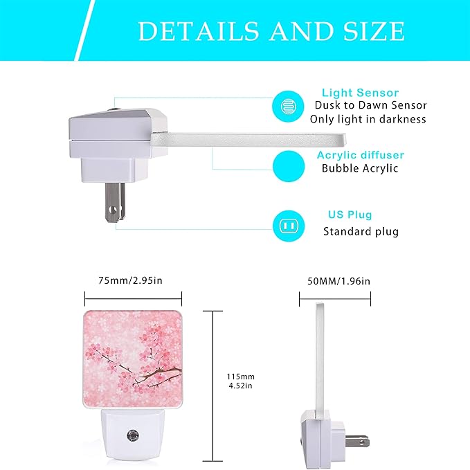 Cherry Blossoms Night Light,Spring Flower Night Lights Plug into Wall with Dusk to Dawn Light Sensors 0.5W Dim Night-Lights for Bedroom - Bloomnest