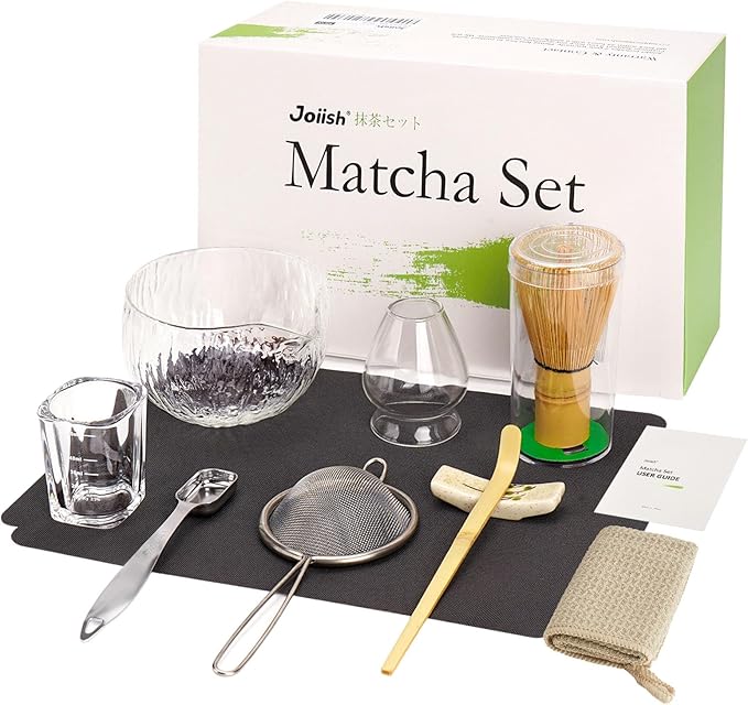 10-Pcs Matcha Whisk Set Kit, Whisk and Bowl with Spout & Measuring Spoon & Cup, Japanese Matcha Tea Making Tools, Transparent Textured Glass - Bloomnest
