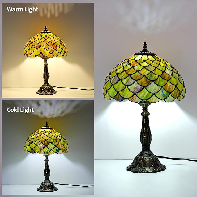 Tiffany Style Table Lamp Vintage Stained Glass Desk Lamp Mable Gradient Green Fish Scales Bedside Reading Light Decor Bedroom Living Room Home Office D12 xH18 (Green Fish Scales) - Bloomnest