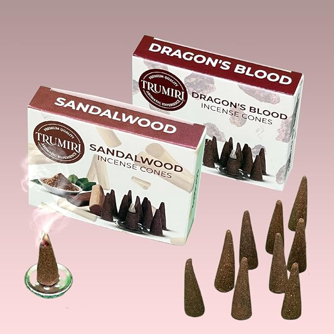 TRUMIRI Incense Cones - Combo Pack of 20 Cone Incense - 10 Dragons Blood + 10 Sandalwood - Insence Cones - Incense Cones Scented - Cone Incense Scents - Insense Cones - Incent Cone TRUMIRI