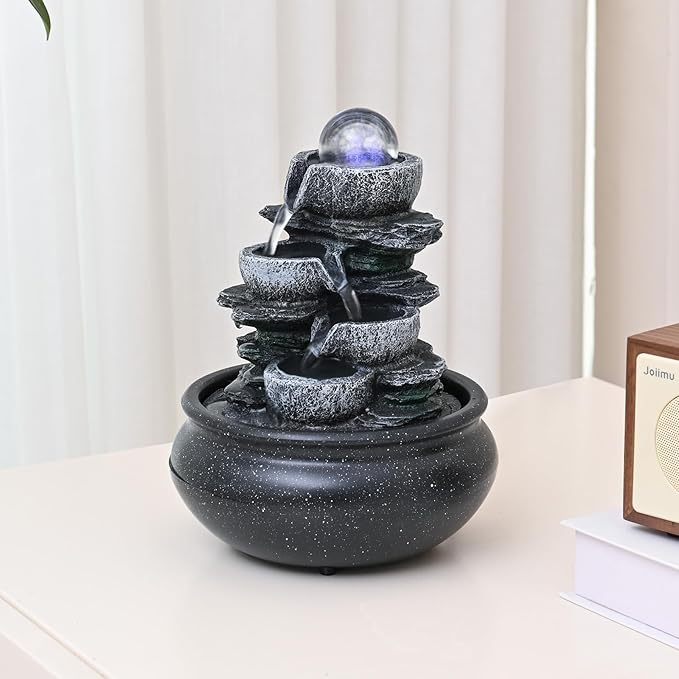 Tabletop Fountain Indoor Waterfall Meditation Fountain,Desktop Water Feature with LED Light for Home Office Bedroom Relaxation (26002)