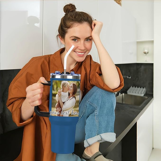 Personalized Tumbler with Handle and Straw Lid, Custom 40oz Tumblers with Picture, Logo, Text, Customized Stainless Steel Travel Coffee Cup for Women Men, Gifts for Birthday Christmas Anniversary - Bloomnest