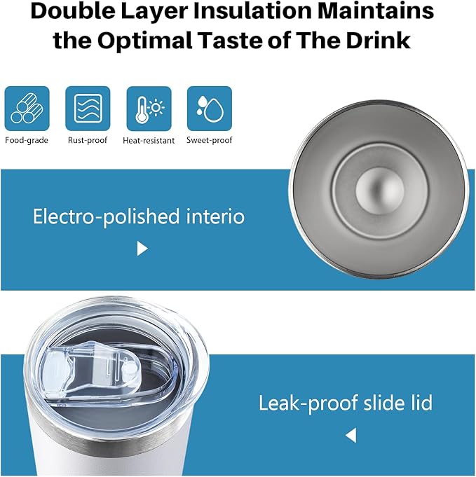 20 oz Skinny Tumblers with Lid and Straw,Stainless Steel Vacuum Insulated Tumbler Cup Double Wall Travel Coffee Mug, Thermal Water Tumbler for Hot and Cold Drinks(White,8) - Bloomnest