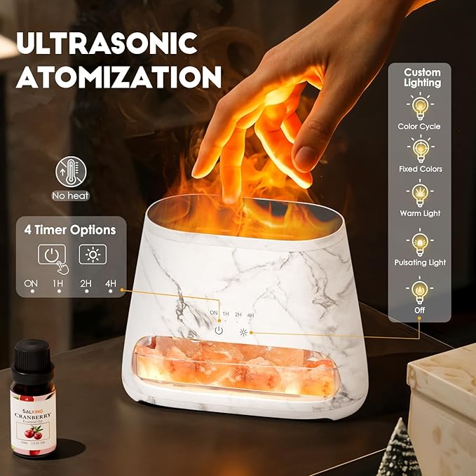 SALKING Colorful Flame Fire Diffuser Humidifier, Himalayan Salt Lamp, 7 Colors Changing Oil Diffuser, Ultra-Quiet Essential Oils Aromatherapy Diffusers for Large Room, Bedroom,150ml (Marble)
