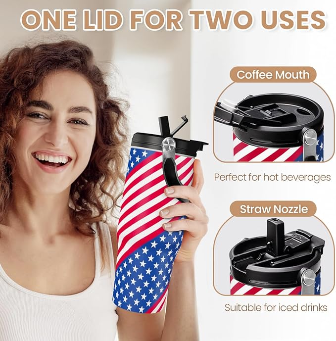 SANDJEST American Flag Tumbler with Handle 30oz, Stainless Steel Insulated Flip Straw Tumblers Coffee Travel Mug Cup, USA America Gifts for Women Men for Birthday Christmas - Bloomnest