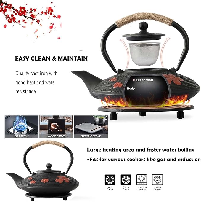 Cast Iron Teapot Set with Gift Pakckage, Pear Flower Tea Pot, Japanese Style Tetsubin Tea Gift Set, 4 Cups, Trivet and Lid Holder