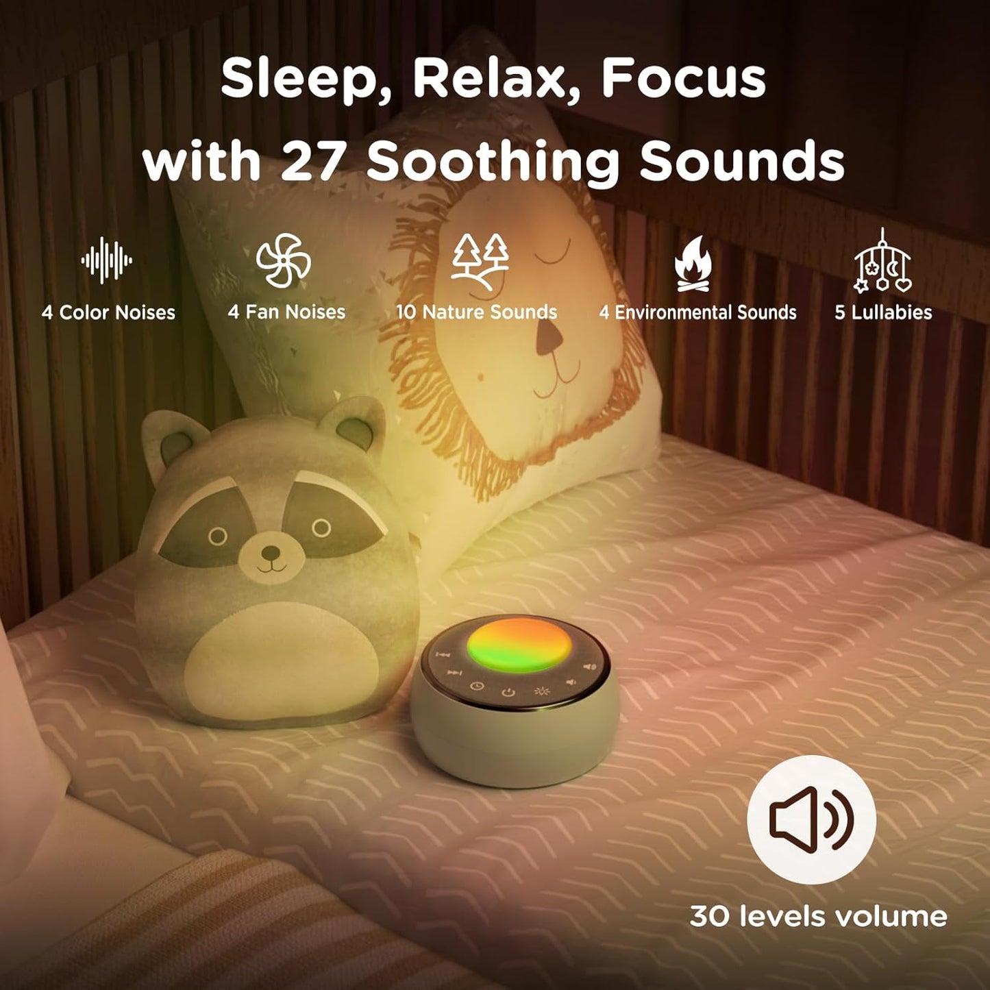 Peakeep Sound Machine with Sleeping Light for Baby, White Noise Lullaby Hush Heartbeat Fan 27 Sounds, 3 Dimmers Dimmable, Travel Battery Machine 30 Volume Loud, 25 Hours Continuous Audio (Aqua)