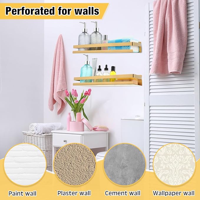 Lallisa 2 Pieces Stainless Steel Shelf Bathroom Shower Floating Shelves Wall Mounted Shower Caddy Basket Shelf Storage Organizer Shelves for Bathroom, Kitchen, Living Room (15.75 Inch/ 40 cm,Gold) - Bloomnest