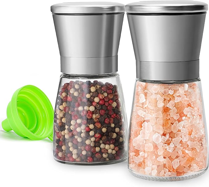 Stainless Steel Salt and Pepper Grinder Set of 2 - Pepper Mill & Salt Mill with Adjustable Coarseness - Glass Spice Shakers - Easy Clean Ceramic Grinders W/Funnel (2.6"W x 5.3"H) - Bloomnest