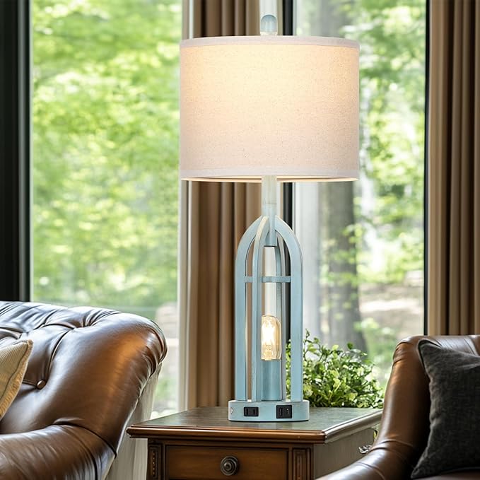 27" Industrial Farmhouse Table Lamp,Vintage Rustic Blue Beside Lamp with USB A+C Charging Ports & AC Outlet, Metal Nightstand Lamp with LED Night Light for Bedrooms (2 LED Bulbs Included) - Bloomnest