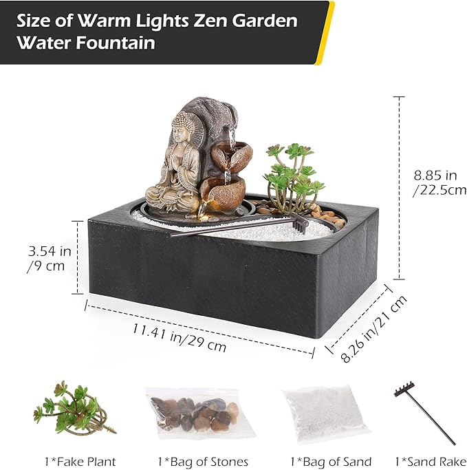 Dyna-Living Water Fountain - Indoor Small Tabletop Waterfall with Zen Garden, LED Warm Light Buddha Fountain for Home Zen Room Decor
