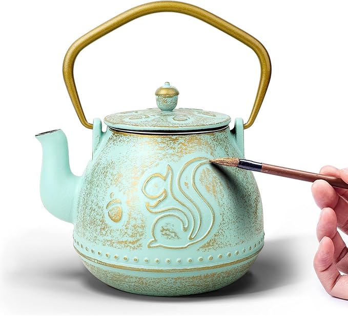 Toptier Teapot with Removable Infuser, Cast Iron Tea Kettle Stovetop Safe, Squirrel Design Tea Pot Coated with Enameled Interior for 32 Ounce (950 ml), Aqua - Bloomnest