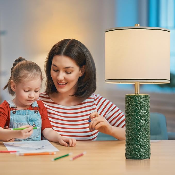 27" Farmhouse Bedside Table Lamp Set of 2, Green Modern Ceramic Lamps for Living Room, 3 Color Temperature Rustic Table Lamps for Bedroom, Night Stands, Dorm,Office, Home Décor (Bulb Included) - Bloomnest