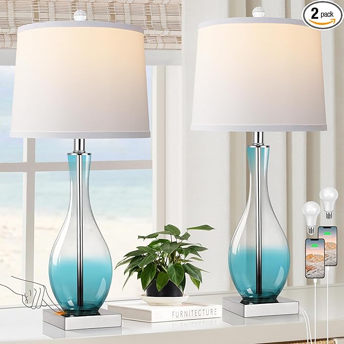 WIHTU Table Lamps Set of 2 with Touch Control, 27" Bedside Desk Lamps for Nightstand Decorations, 3-Way Dimmable Modern Glass Table lamp with USB C and A Charging Ports, Blue (LED Bulbs Included) - Bloomnest