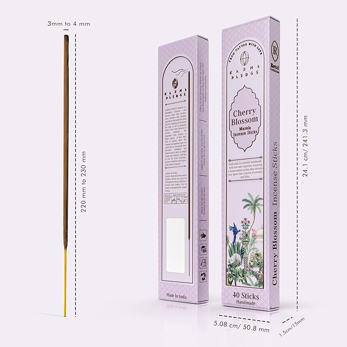 Incense Sticks, Cherry Blossom Incense, Made with Natural Ingredients, Hand Rolled Aromatic Masala, 40 Stick Pack, 45-60 Minute Burn Time, Best for Home Fragrance, Meditation, Yoga, Spiritual Healing KARMAPLEDGE