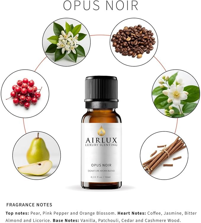 Signature Aroma Oil No. 034 Opus Noir – Aroma Oil for Cold Air & Waterless Diffusers and DIY Crafts – 10 mL, 0.34 fl oz Glass Bottle Airlux