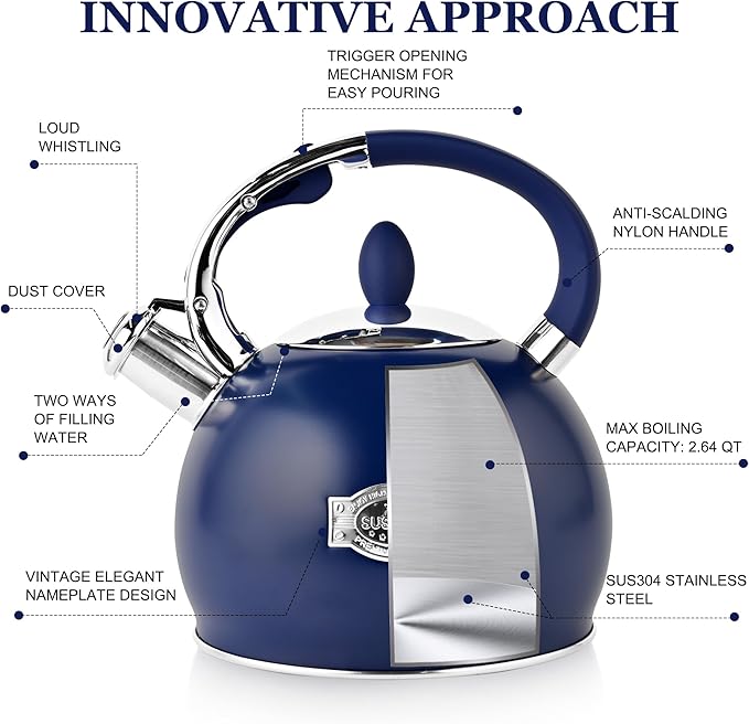 SUSTEAS Stove Top Whistling Tea Kettle - Food Grade Stainless Steel Teakettle Teapot with Cool Touch Ergonomic Handle, With 1 Silicone Pinch Mitt Included, 2.64 Quart,NAVY BLUE - Bloomnest