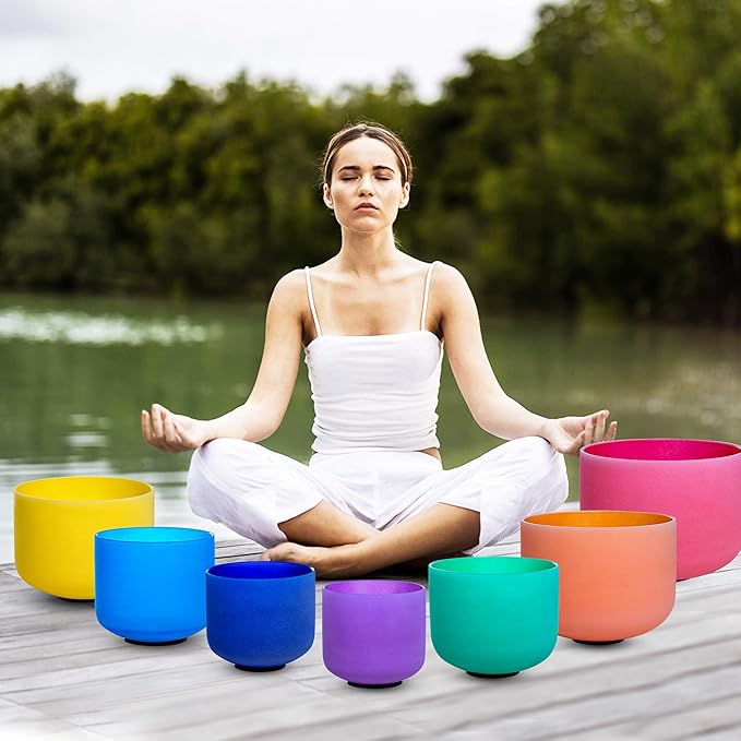 432hz Crystal Singing Bowl Healing 6-12inch Set of 7 Colored for Meditation Yoga Heart Chakra Singing Bowls Heavy Duty Carrying Case Rubber Mallet Suede Striker O ring - Bloomnest