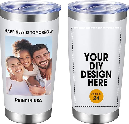 Personalized Custom Tumbler Print in USA 24 Pcs 20oz Stainless Steel Coffee Cup with Lid & Straw Double Wall Insulated Tumbler with Colorful Text Logo Photo - Bloomnest