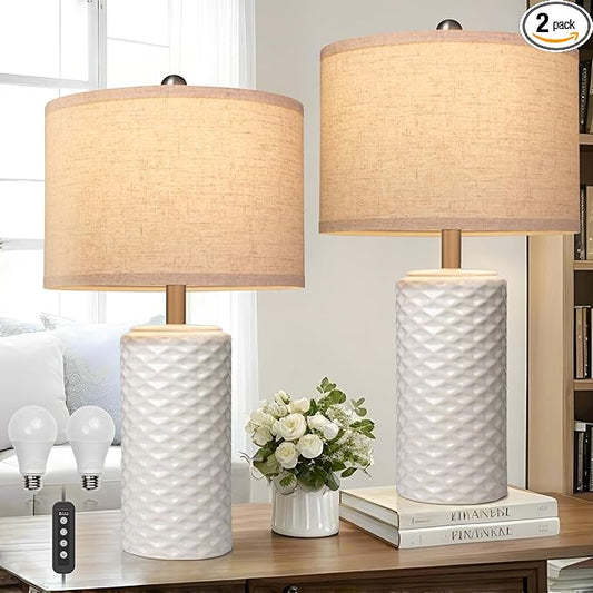 23" Bedside Lamps Set of 2, Dimmable Ceramic Table Lamps for Night Stands Modern Farmhouse Bedroom Lamps with Timer, Nightstand Table Lamps for Living Room End Table, Beige, LED Bulb Included - Bloomnest