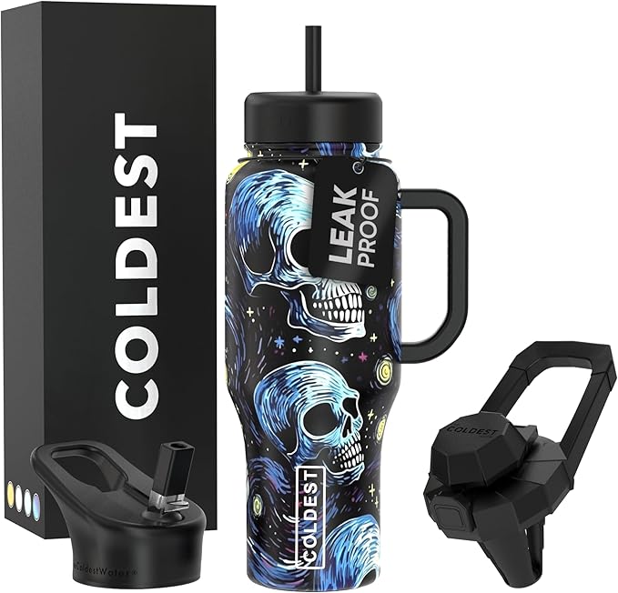 Coldest Tumbler with Handle and Straw, 100% Leak Proof Insulated Tumbler with Lid and Straw (3 Lids), Stainless Steel Tumblers for Women & Men, Cup Holder Friendly Base, 36 oz (Starry Skulls) - Bloomnest
