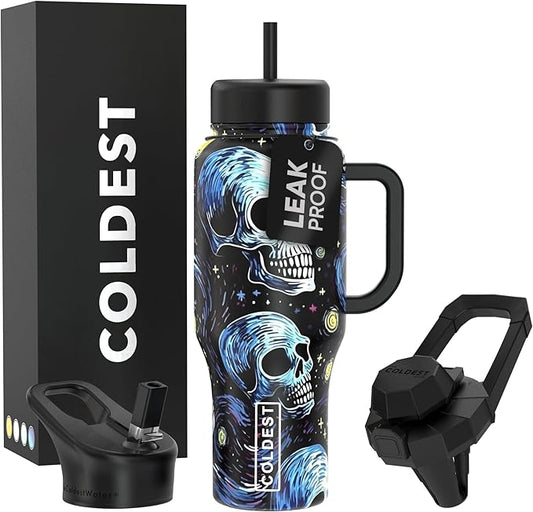 Coldest Tumbler with Handle and Straw, 100% Leak Proof Insulated Tumbler with Lid and Straw (3 Lids), Stainless Steel Tumblers for Women & Men, Cup Holder Friendly Base, 36 oz (Starry Skulls) - Bloomnest