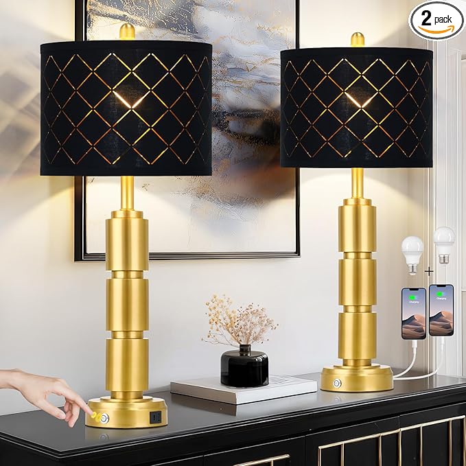 Set of 2 Modern Table Lamps for Living Room Bedroom,29" Tall Bedside Lamp with 2 USB Port,Gold Metal Touch Nightstand Lamp with Black Grid Shade for End Table Entryway,Gold - Bloomnest