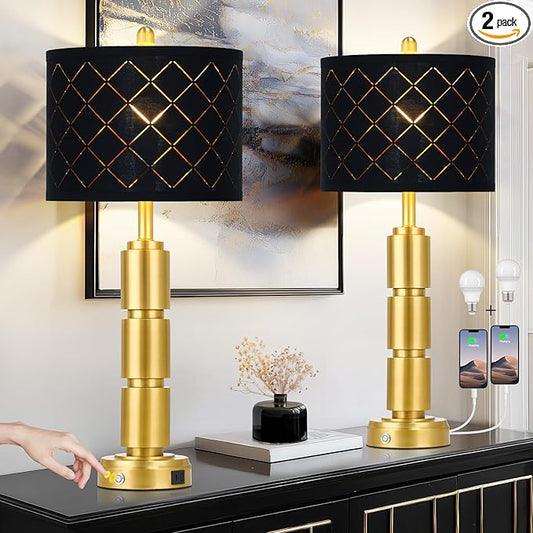 Set of 2 Modern Table Lamps for Living Room Bedroom,29" Tall Bedside Lamp with 2 USB Port,Gold Metal Touch Nightstand Lamp with Black Grid Shade for End Table Entryway,Gold - Bloomnest
