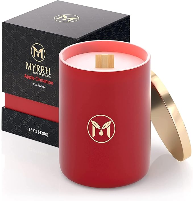 MyrrhUSA Apple Cinnamon Scented Candle – 15 oz Natural Soy Wax with Crackling Wooden Wick & Essential Oil | 80 Hour Burn | Luxury Aromatherapy Candle for Relaxation, Home Décor, Living Room & Bathroom - Bloomnest