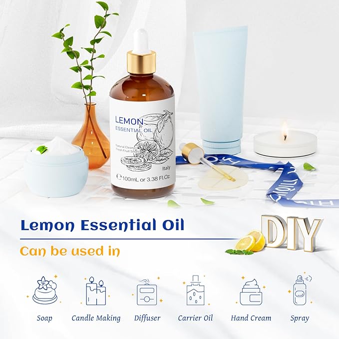 HIQILI Lemon Essential Oil, Household Cleaning, Air Purification, Skin Care, Can be Added to Cleansers, Sprays, Body Lotions Use - 3.38 Fl Oz/100ML - Bloomnest