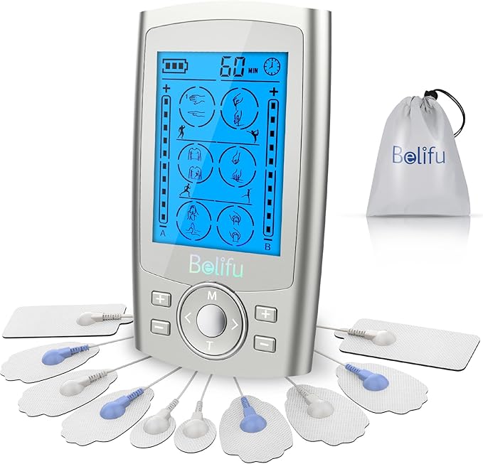 Belifu Dual Channel TENS EMS Unit 24 Modes Muscle Stimulator for Pain Relief Therapy, Electronic Pulse Massager Muscle Massager with 10 Pads, Dust-Proof Drawstring Storage Bag, Fastening Cable Ties Belifu