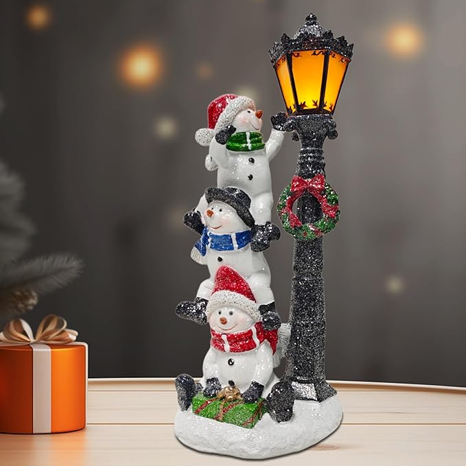 Snowman Family Christmas Light Pole—Indoor/Outdoor Resin Sculpture with Warm Yellow LED Lights, Ideal for Gardens, Courtyards, Porches, and Winter Village Decorations - Bloomnest