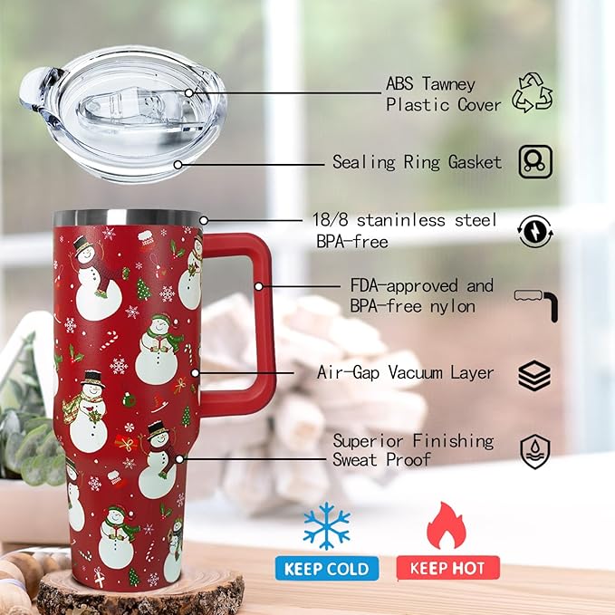 Ceovfoi 40 Oz Christmas Snowman Tumbler Coffee Travel Mug Cup with Handle, Snowman Decor, Christmas Gifts for Women - Bloomnest
